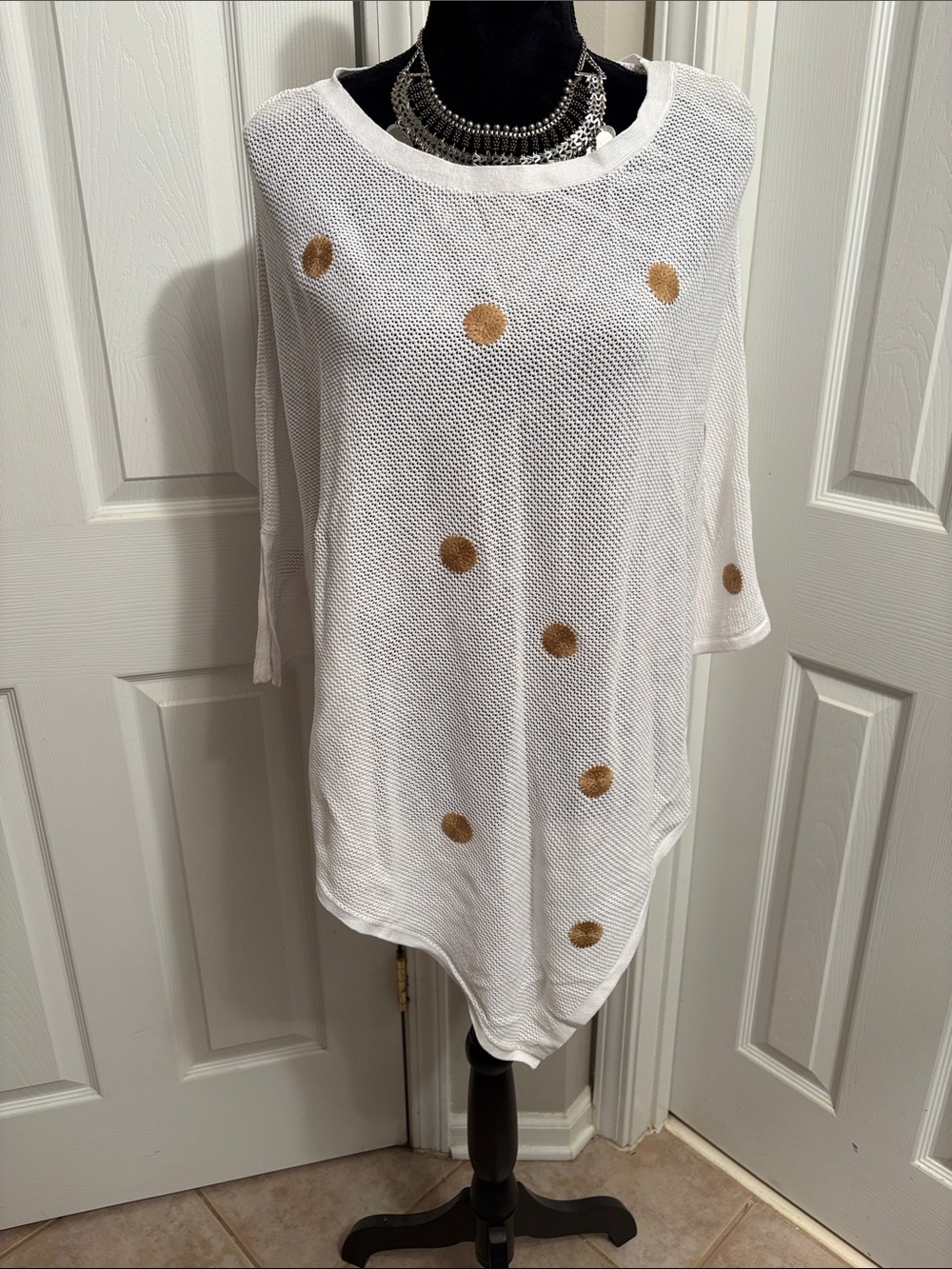 Chico's White Knit Tunic Shawl with Gold Dot Accents